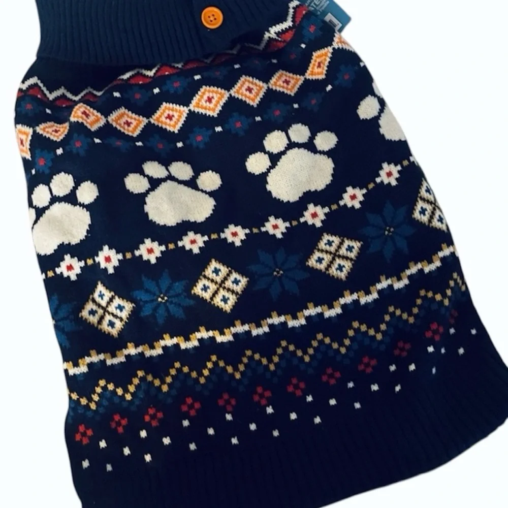 Vibrant Life navy blue Holiday Dog Turtleneck sweater button Collar Medium NWT